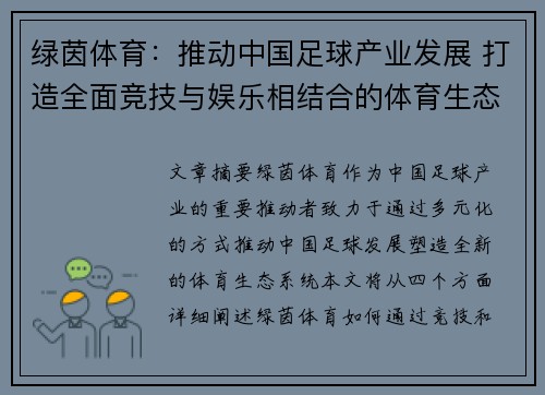 绿茵体育：推动中国足球产业发展 打造全面竞技与娱乐相结合的体育生态系统